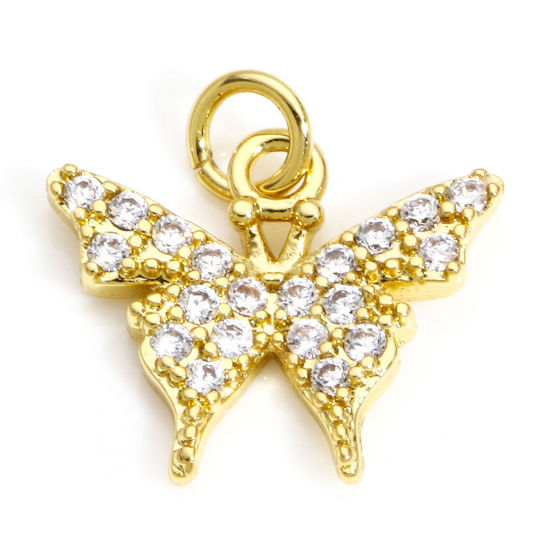 Immagine di 1 Pz Ottone Insetto Charms Farfalla 18K Vero Oro Placcato Micro Spianare Trasparente Cubic Zirconiae 14mm x 13mm