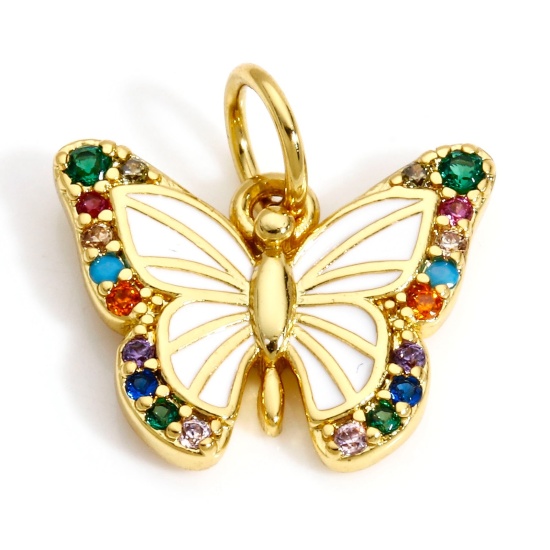 Immagine di 1 Pz Ottone Insetto Charms Farfalla 18K Vero Oro Placcato Bianco Smalto Multicolore Cubic Zirconiae 13.5mm x 13mm