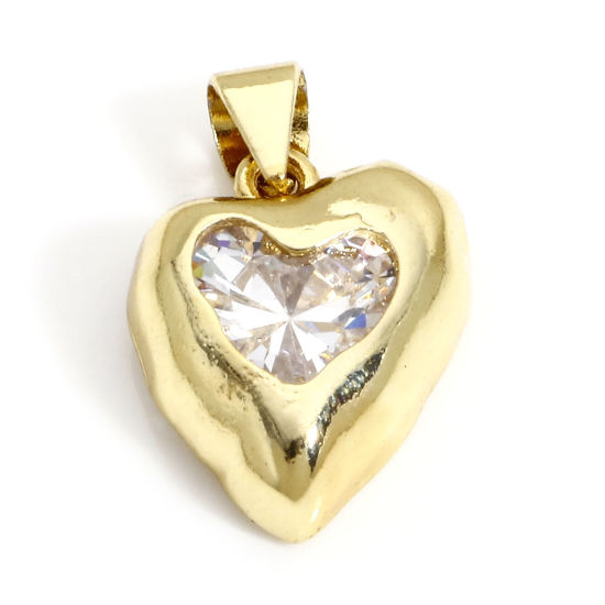 Picture of 1 Piece Brass Valentine's Day Charm Pendant 18K Real Gold Plated Heart Clear Cubic Zirconia 21mm x 13mm