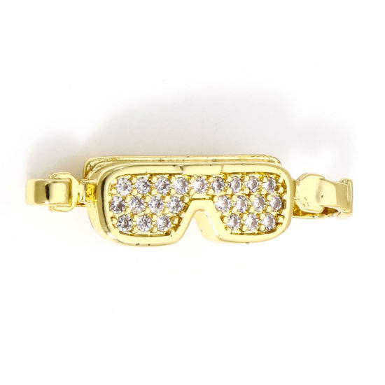 Picture of 1 Piece Brass Sport Charms 18K Real Gold Plated Swim Goggles Micro Pave Clear Cubic Zirconia 25.5mm x 6mm