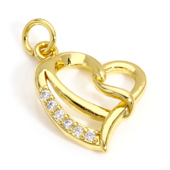 Picture of 1 Piece Brass Valentine's Day Charms 18K Real Gold Plated Heart Micro Pave Clear Cubic Zirconia 20mm x 14mm