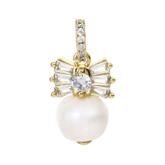 Picture of 1 Piece Pearl & Brass Charms 18K Real Gold Plated Fan-shaped Clear Cubic Zirconia 24mm x 12mm                                                                                                                                                                 