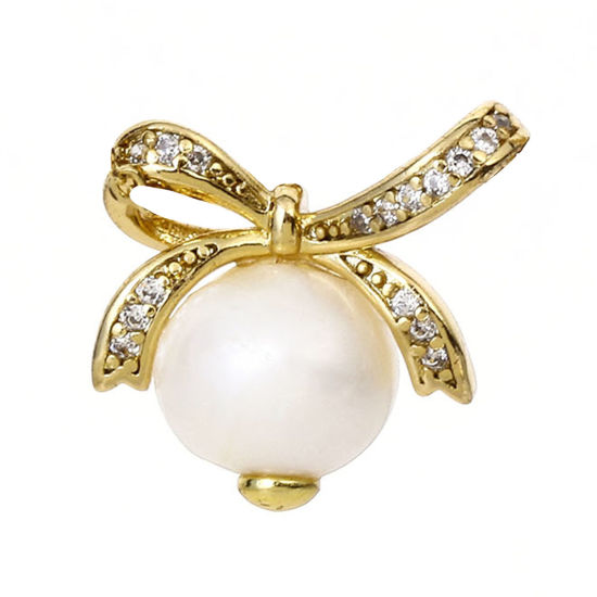 Picture of 1 Piece Pearl & Brass Charms 18K Real Gold Plated Bowknot Clear Cubic Zirconia 16mm x 15mm                                                                                                                                                                    