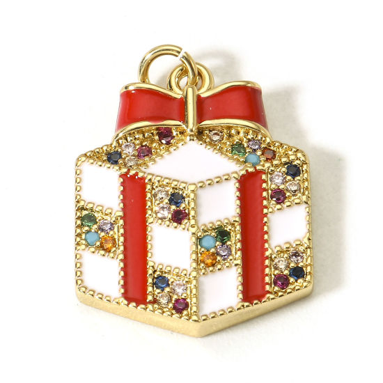 Picture of 1 Piece Brass Christmas Charms 18K Real Gold Plated White & Red Gift Box Enamel Multicolour Cubic Zirconia 21mm x 15mm