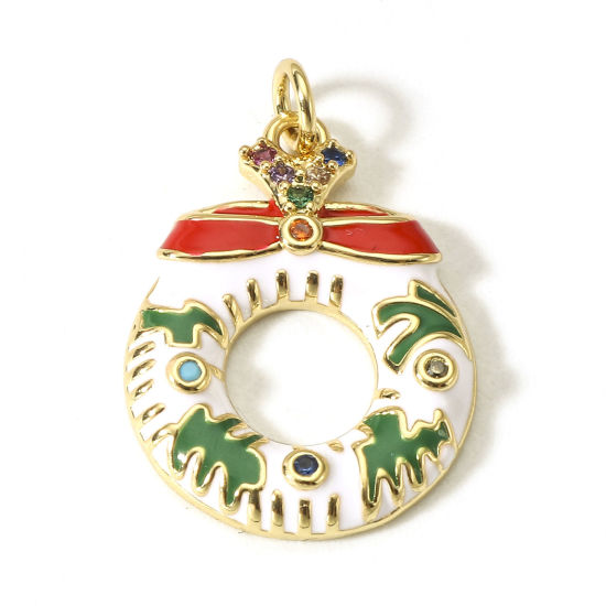 Image de 1 Pièce Breloques Noël en Laiton Couronne de Noël Plaqué Or Véritable 18K Multicolore Émail à Zircone Cubique Multicolore 21mm x 14.5mm