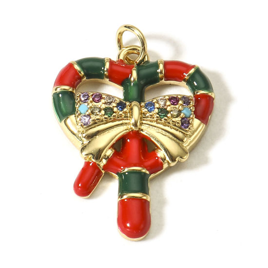 Picture of 1 Piece Brass Christmas Charms 18K Real Gold Plated Red & Green Christmas Candy Cane Bowknot Enamel Multicolour Cubic Zirconia 22mm x 15mm