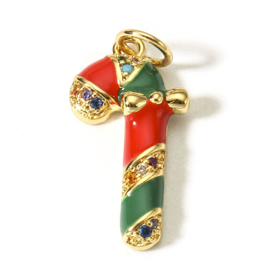 Image de 1 Pièce Breloques Noël en Laiton Canne de Noël Plaqué Or Véritable 18K Rouge & Vert Émail à Zircone Cubique Multicolore 23mm x 10mm