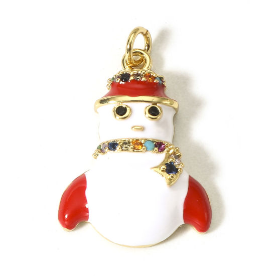 Image de 1 Pièce Breloques Noël en Laiton Bonhomme de Neige de Noël Plaqué Or Véritable 18K Blanc & Rouge Émail à Zircone Cubique Multicolore 22mm x 14.5mm