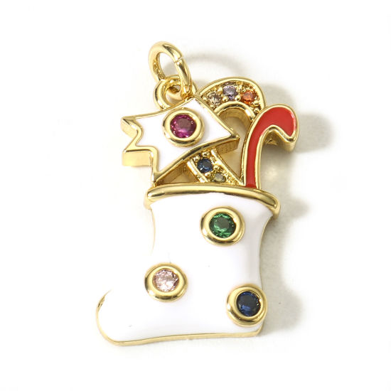 Picture of 1 Piece Brass Christmas Charms 18K Real Gold Plated White & Red Sock Enamel Multicolour Cubic Zirconia 20mm x 13mm