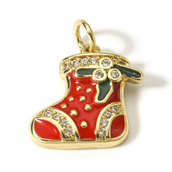 Picture of 1 Piece Brass Christmas Charms 18K Real Gold Plated Pink & Green Sock Enamel Clear Cubic Zirconia 18mm x 15mm