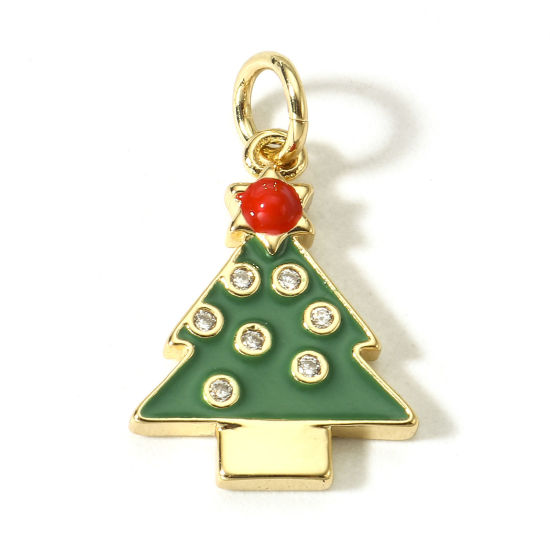 Picture of 1 Piece Brass Christmas Charms 18K Real Gold Plated Red & Green Christmas Tree Enamel Clear Cubic Zirconia 20mm x 12.5mm