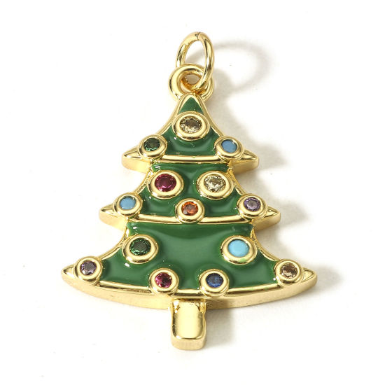 Image de 1 Pièce Breloques Noël en Laiton Pin de Noël Plaqué Or Véritable 18K Vert Émail à Zircone Cubique Multicolore 22.5mm x 16mm