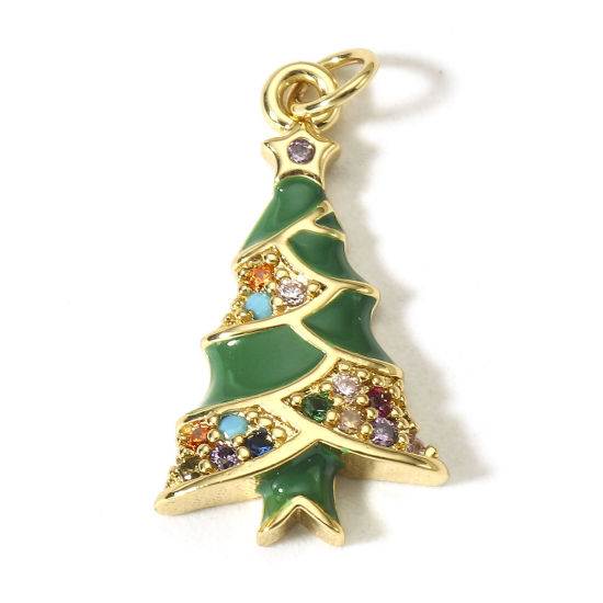 Picture of 1 Piece Brass Christmas Charms 18K Real Gold Plated Green Christmas Tree Enamel Multicolour Cubic Zirconia 23mm x 11mm