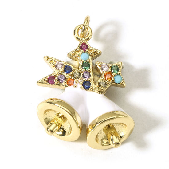 Picture of 1 Piece Brass Christmas Charms 18K Real Gold Plated White Bell 3D Multicolour Cubic Zirconia 22mm x 14.5mm