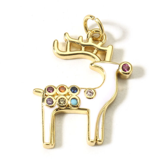 Picture of 1 Piece Brass Christmas Charms 18K Real Gold Plated White Pere David's Deer Enamel Multicolour Cubic Zirconia 20mm x 14mm