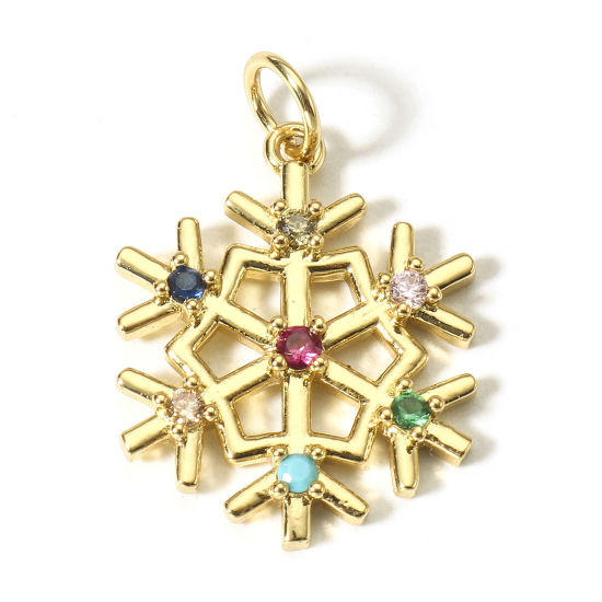 Bild von 1 Stück Messing Weihnachten Charms 18K Echtgold plattiert Weihnachten Schneeflocke Bunt Zirkonia 23mm x 16mm