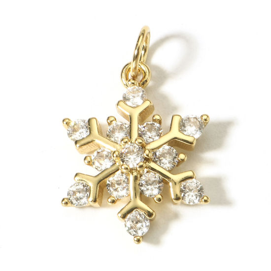 Picture of 1 Piece Brass Christmas Charms 18K Real Gold Plated Christmas Snowflake Clear Cubic Zirconia 21mm x 13mm