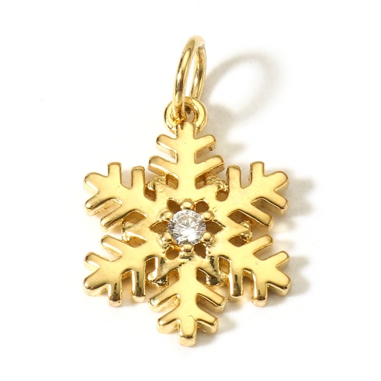 Bild von 1 Stück Messing Weihnachten Charms 18K Echtgold plattiert Weihnachten Schneeflocke Klar Zirkonia 18.5mm x 12mm