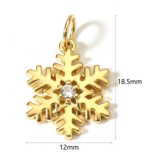 Image de 1 Pièce Breloques Noël en Laiton Flocon de Neige de Noël Plaqué Or Véritable 18K à Zircone Cubique Clair 18.5mm x 12mm