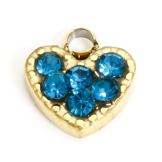 Bild von 1 Stück Vakuumbeschichtung 316L Edelstahl Monatsstein Charms Herz 18K Vergoldet Blau Strass 6mm x 5.5mm