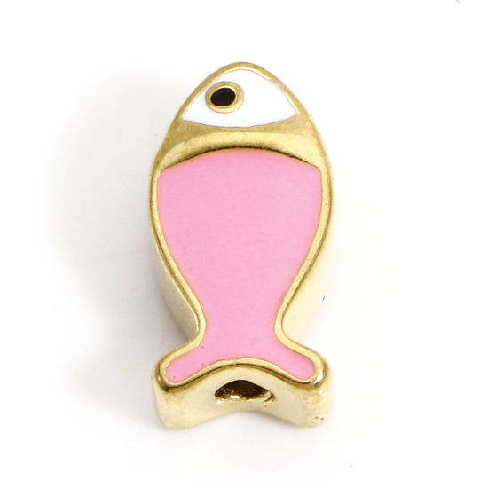 Picture of 1 Piece Vacuum Plating 304 Stainless Steel Ocean Jewelry Beads For DIY Charm Jewelry Making Fish Animal Gold Plated Pink Enamel 13.5mm x 7mm