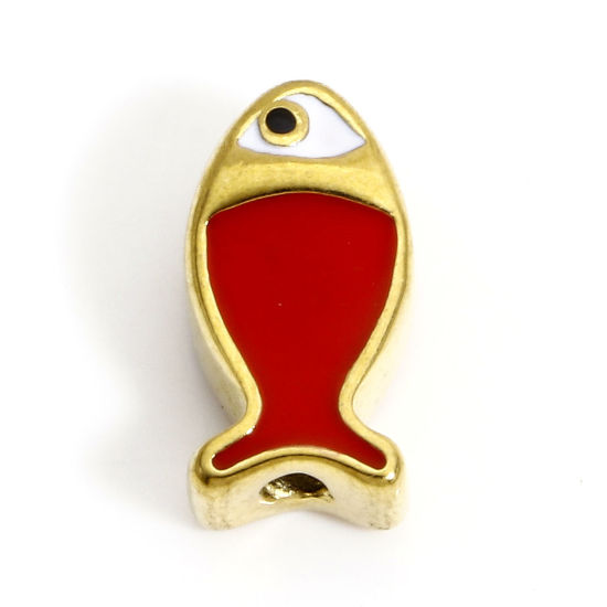 Picture of 1 Piece Vacuum Plating 304 Stainless Steel Ocean Jewelry Beads For DIY Charm Jewelry Making Fish Animal Gold Plated Red Enamel 13.5mm x 7mm