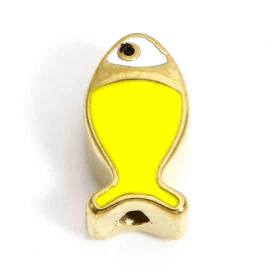 Picture of 1 Piece Vacuum Plating 304 Stainless Steel Ocean Jewelry Beads For DIY Charm Jewelry Making Fish Animal Gold Plated Yellow Enamel 13.5mm x 7mm