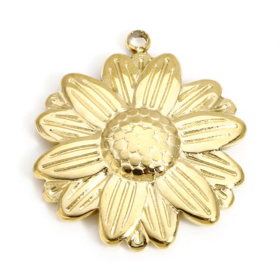 Bild von 1 Stück Vakuumbeschichtung 304 Edelstahl Böhmischer Stil Charms Sonnenblume Vergoldet 22mm x 19mm