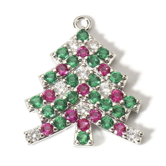 Bild von 1 Stück Messing Weihnachten Charms Platin Plattiert Weihnachten Weihnachtsbaum Micro Pave Bunt Zirkonia 22mm x 19mm                                                                                                                                           