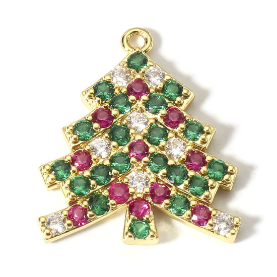 Bild von 1 Stück Messing Weihnachten Charms 18K Gold plattiert Weihnachten Weihnachtsbaum Micro Pave Bunt Zirkonia 22mm x 19mm