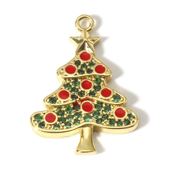 Bild von 1 Stück Messing Weihnachten Charms 18K Gold plattiert Rot Weihnachten Weihnachtsbaum Micro Pave Grün Zirkonia 23mm x 16mm