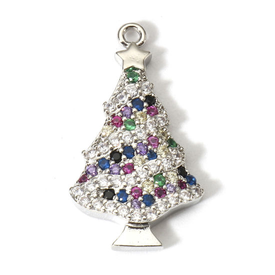 Bild von 1 Stück Messing Weihnachten Charms Platin Plattiert Weihnachten Weihnachtsbaum Stern Micro Pave Bunt Zirkonia 23.5mm x 13mm                                                                                                                                   