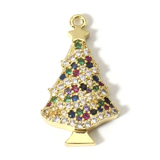 Bild von 1 Stück Messing Weihnachten Charms 18K Gold plattiert Weihnachten Weihnachtsbaum Stern Micro Pave Bunt Zirkonia 23.5mm x 13mm