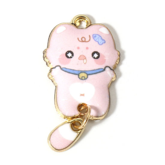 Image de 10 Pcs Pendentifs en Alliage de Zinc Doré Rose Clair Chat Émail 3.2cm x 1.6cm