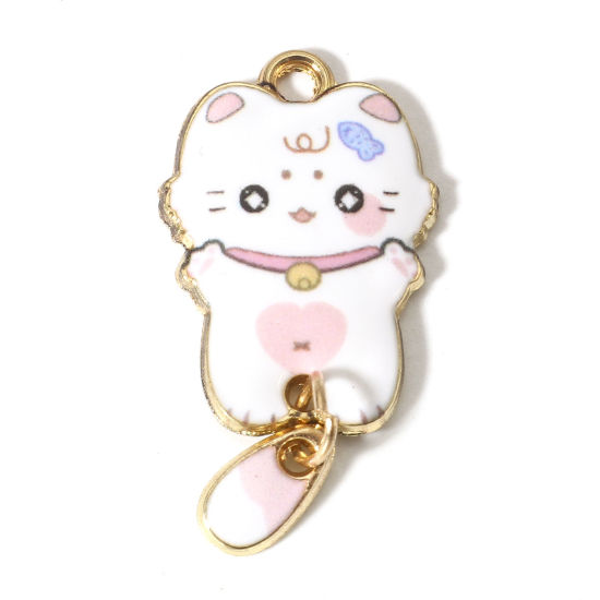 Image de 10 Pcs Pendentifs en Alliage de Zinc Doré Blanc Chat Émail 3.2cm x 1.6cm