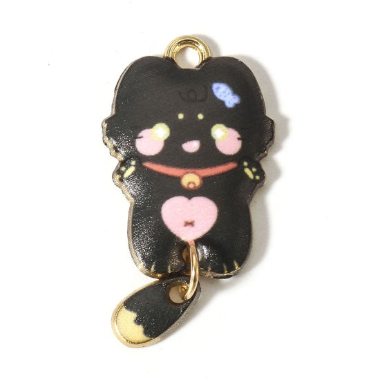 Image de 10 Pcs Pendentifs en Alliage de Zinc Doré Noir Chat Émail 3.2cm x 1.6cm