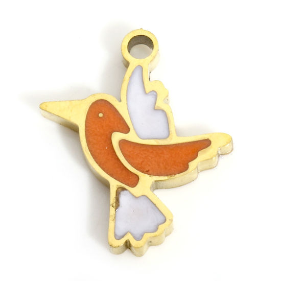 Immagine di 1 Pz Placcatura Sottovuoto PVD Ecologica 316L Acciaio inossidabile Elegante Ciondoli Uccello 18K Vero Oro Placcato Arancione Smalto 12mm x 10mm