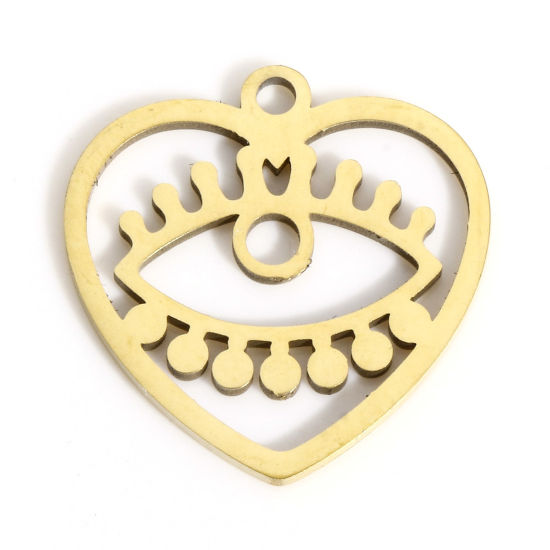 Picture of 1 Piece Eco-friendly PVD Vacuum Plating 316L Stainless Steel Stylish Charms 18K Real Gold Plated Heart Evil Eye Hollow 15.5mm x 15.5mm