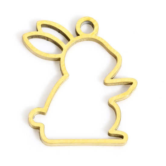 Picture of 1 Piece Eco-friendly PVD Vacuum Plating 316L Stainless Steel Stylish Charms 18K Real Gold Plated Rabbit Animal Hollow 15mm x 12.5mm