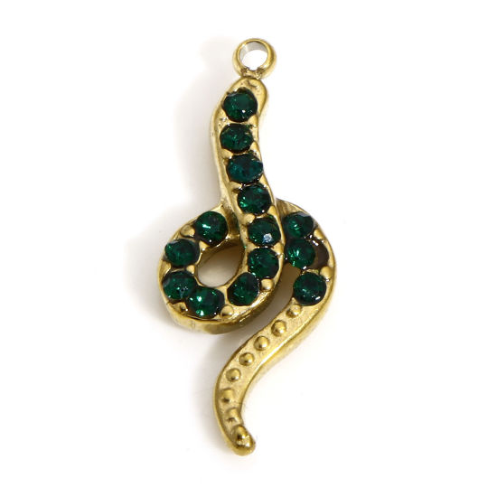 Image de 1 Pièce Breloques en 304 Acier Inoxydable Placage sous Vide Serpent Doré à Strass Vert 19mm x 8mm 