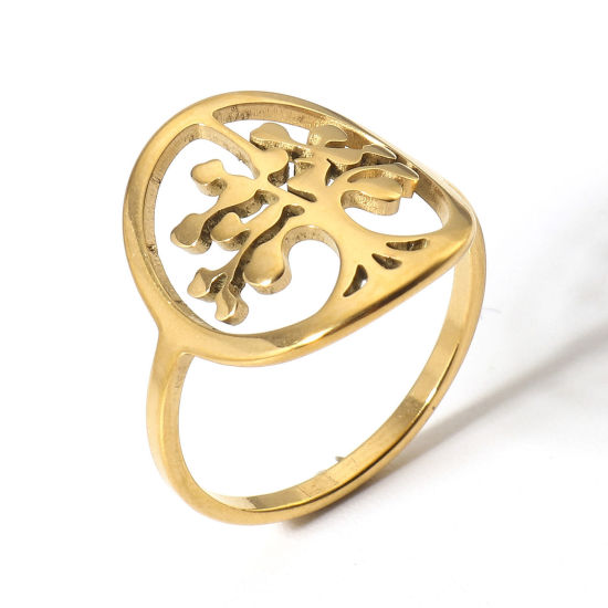 Picture of 1 Piece 304 Stainless Steel Unadjustable Rings Gold Plated Tree of Life 16.7mm(US size 6.25)