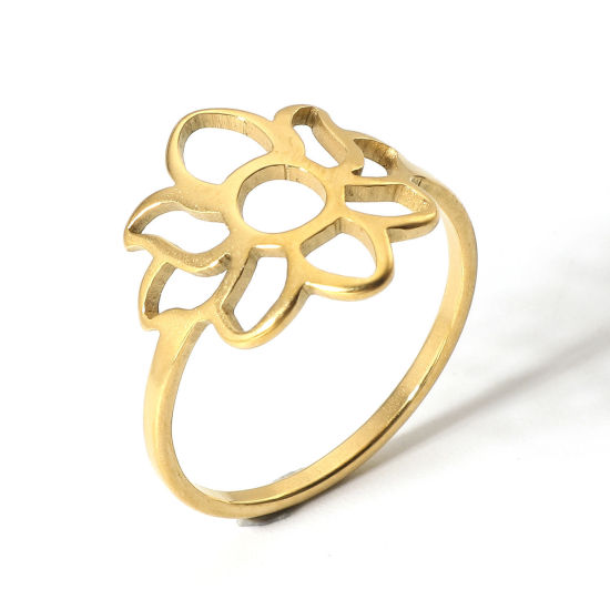 Picture of 1 Piece 304 Stainless Steel Unadjustable Rings Gold Plated Lotus Flower 16.7mm(US size 6.25)