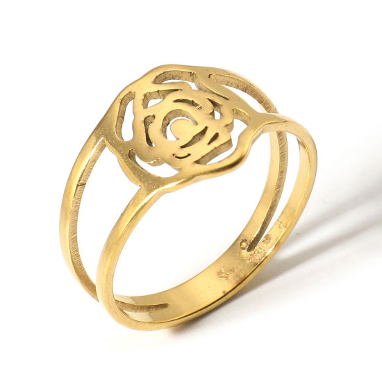 Picture of 1 Piece 304 Stainless Steel Unadjustable Rings Gold Plated Rose Flower 16.9mm(US Size 6.5)