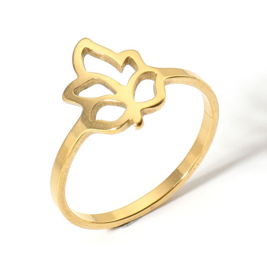 Picture of 1 Piece 304 Stainless Steel Unadjustable Rings Gold Plated Flower Leaves 17.7mm(US Size 7.5)