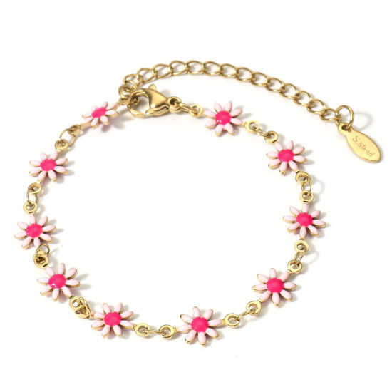 Bild von 1 Strang Vakuumbeschichtung 304 Edelstahl Handgefertigte Gliederkette Armband 18K Gold plattiert Rosa Gänseblümchen Mit Karabiner Verschluss und Verlängerungskette Extender 16cm lang