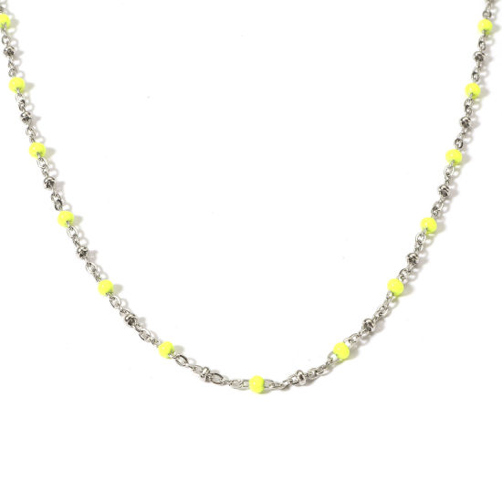 Picture of 1 Piece 304 Stainless Steel Handmade Link Chain Necklace For DIY Jewelry Making Silver Tone Neon Yellow Enamel 45cm(17 6/8") long, Chain Size: 3mm