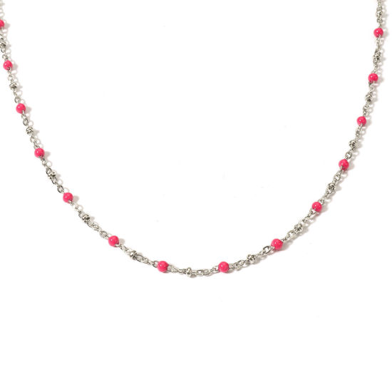 Picture of 1 Piece 304 Stainless Steel Handmade Link Chain Necklace For DIY Jewelry Making Silver Tone Fuchsia Enamel 45cm(17 6/8") long, Chain Size: 3mm