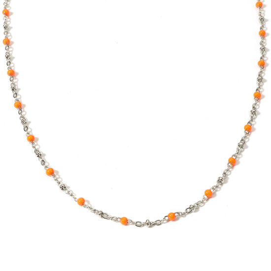 Picture of 1 Piece 304 Stainless Steel Handmade Link Chain Necklace For DIY Jewelry Making Silver Tone Orange Enamel 45cm(17 6/8") long, Chain Size: 3mm