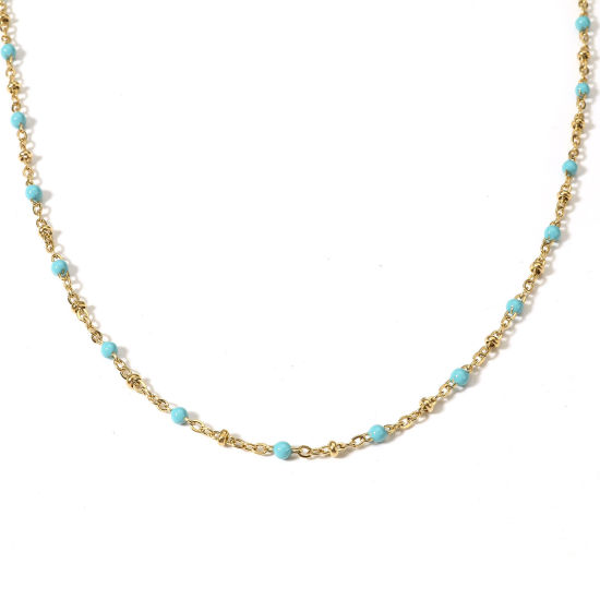 Bild von 1 Strang Vakuumbeschichtung 304 Edelstahl Handgefertigte Gliederkette Halskette Vergoldet Blau Emaille 45cm lang, Kettengröße: 3mm
