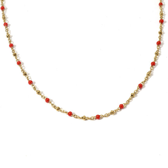 Bild von 1 Strang Vakuumbeschichtung 304 Edelstahl Handgefertigte Gliederkette Halskette Vergoldet Rot Emaille 45cm lang, Kettengröße: 3mm